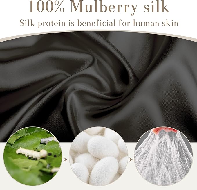 SECZIPE 100% Mulberry Silk Sleep Mask Eye Mask for Women Man with Adjustable Band, for Side Sleeper Blackout Sleep Mask for Travel Rest and Office Large Size (Black)