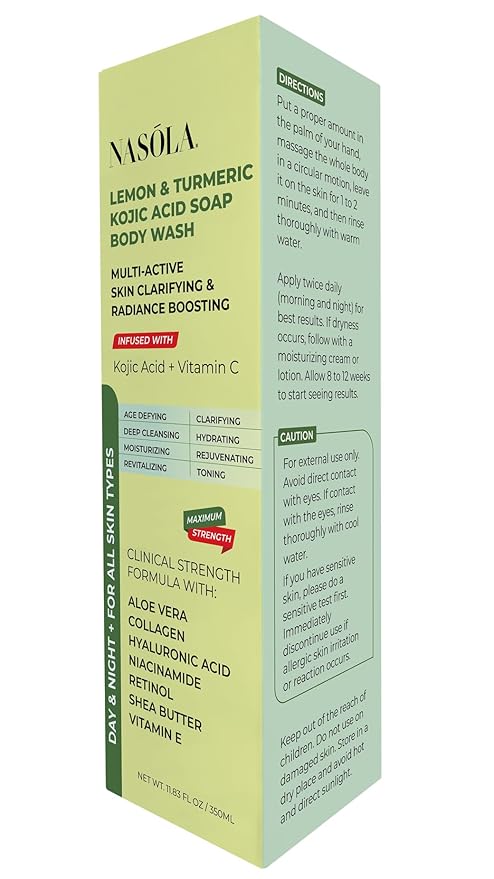 Nasola Lemon Turmeric Kojic Acid Soap Body Wash - Natural Gentle Face & Skin Cleanser with Vitamin C, Shea Butter, Collagen, Niacinamide, Hyaluronic Acid, and Aloe Vera - 11.83 Fl Oz