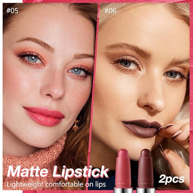 JUAAZIN 2Pcs Matte Lipstick Crayon - High Pigment Creamy Formula, Waterproof Long Lasting, Smooth Glide Application, Non-Sticklipstick, Ultra Thin Lightweight, Velvet Matte Lip Feel for Women 05#+06#