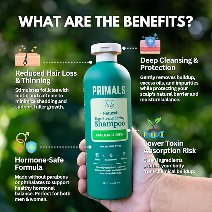 PRIMALS Hair Strengthening Shampoo - Caffiene, Biotin, Raw Honey, Rosemary Oil - Anti Hair Thinning - Natural Ingredients - Zero Artificial Fragrances, Sulfates, Parabens, or Dyes - 13.5 Fl Oz