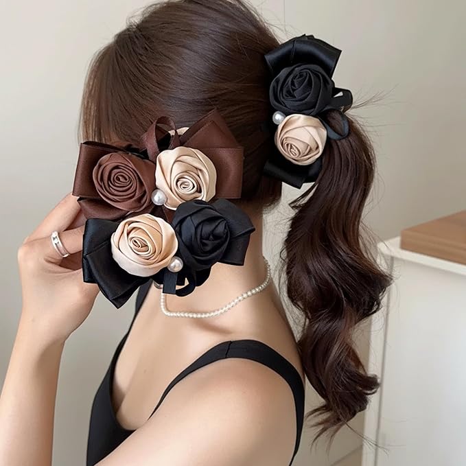 2 Pack Satin Rose Banana Clips for Fine to Medium Hair, Flower Ponytail Holder with Pearl, Non-Slip Vertical Clamp, Vintage French Hair Accessories (Black & Brown)