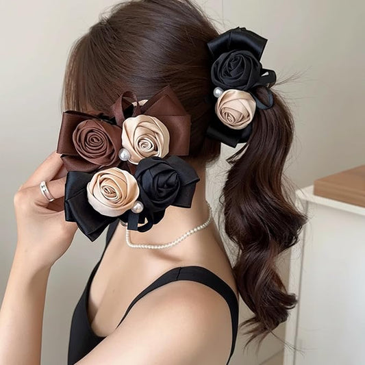 2 Pack Satin Rose Banana Clips for Fine to Medium Hair, Flower Ponytail Holder with Pearl, Non-Slip Vertical Clamp, Vintage French Hair Accessories (Black & Brown)