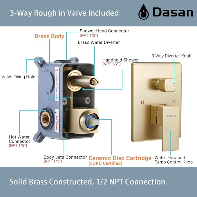 Brushed Gold Shower System with 4 PCS Shower Body Spray Jets & 12’’ Ceiling Shower Head & Handheld Spray, DASAN Full Body Shower Faucet System with Jets Rainfall Shower Combo Set, SA-SS03BBG-S12C