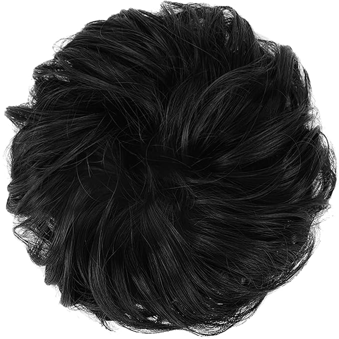 FESHFEN Messy Bun Hair Piece - Wavy Synthetic Chignon Scrunchies for Instant Volume, Elastic Bun Ponytail Hair Extensions Thick Hairpieces for Women, Off Black 1.50 oz