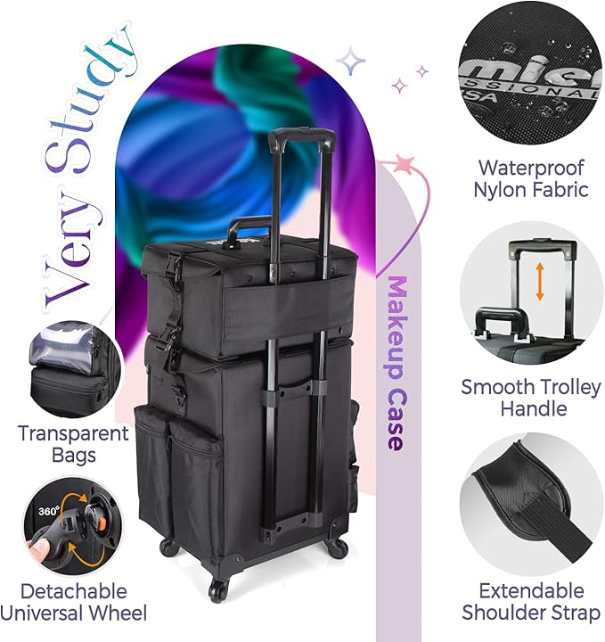 Kemier studio makeup case Omni-directional wheels 2 in 1 Professional Soft Sided,Removable,Artist Rolling Makeup Train Case,Cosmetic Organizer w/Storage Drawers