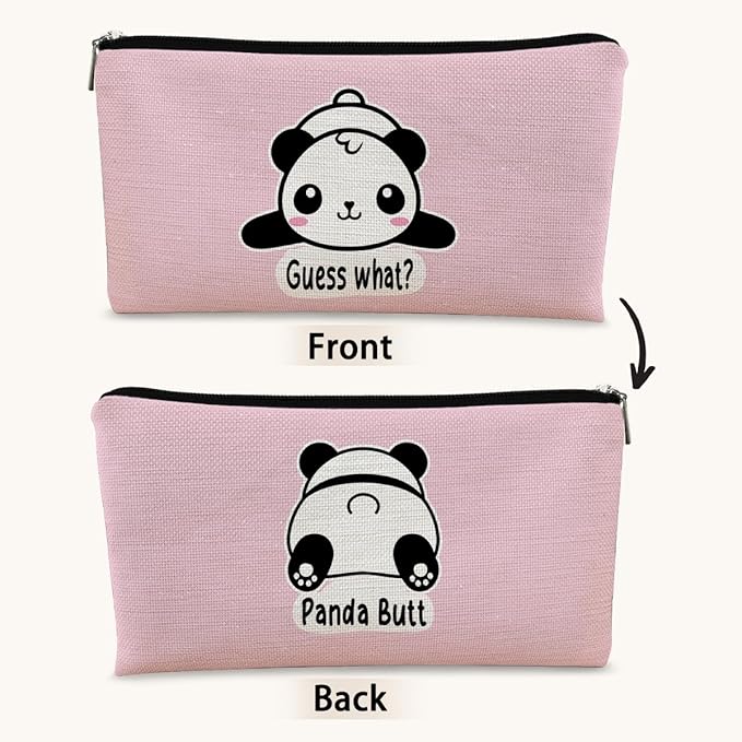 BARPERY Panda Gifts Pink Makeup Bag, Cute Baby Panda Guess What It's Pug Butt Cosmetic Bag, Travel Toiletry Bag for Daughter, Canvas Zipper Pouch