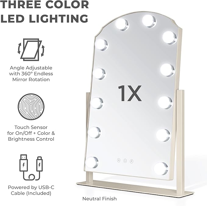 Zadro Scalloped Edge Hollywood LED Vanity Mirror, 12 Dimmable Bulbs, 3 Color Temperatures, 360° Rotation, Angle-Adjustable Tilt, USB-C Plug-in, Large 12" x 19", 1X Viewing Area (Neutral)