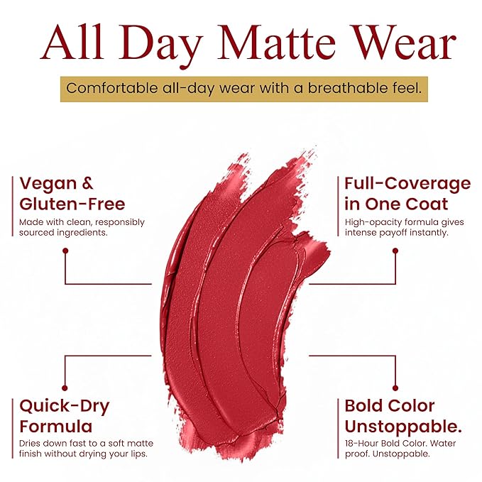 Rougine Liquid Lipstick & Lip Liner Set for Women – Smooth Matte Red Love Shade, Long-Lasting Waterproof Lipstick, Smudge-Resistant Lip Makeup, Soft Glide Liner – Vitamin E & Shea Butter