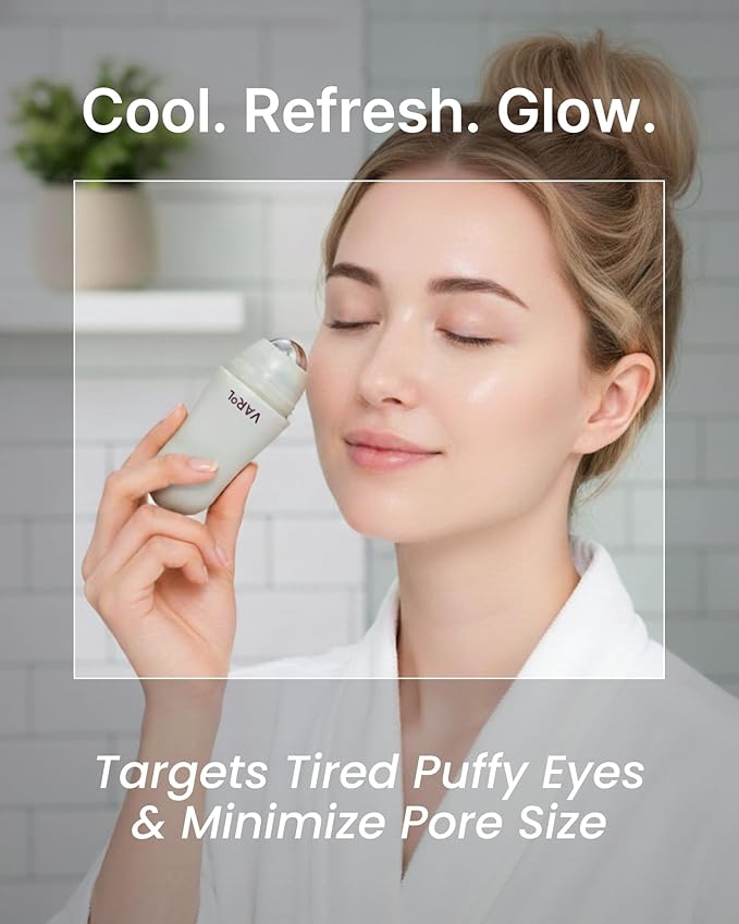 VAROL Ice Roll Serum for Face, Puffy Eyes, Under Eye Bags - Panthenol & Tannin for Hydrating, Pore Minimizing, Ice Roller for Puffiness, Redness, Dark Circles - Korean Skin Care & Gua Sha, 1.69 Fl Oz