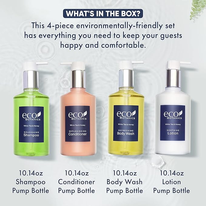 Eco Botanics Hotel Amenities Set | 10.14oz Pump Bottles | Shampoo, Conditioner, Hand & Body Wash, and Lotion | Set of 12