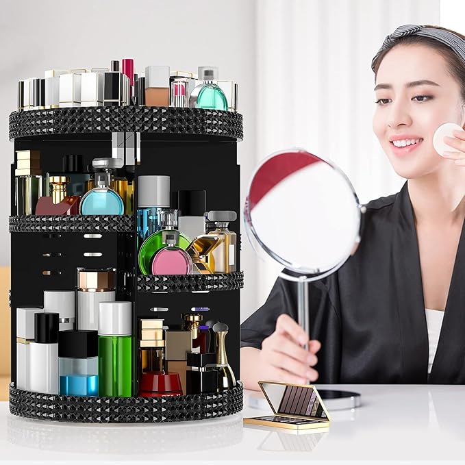 Black 360 Makeup Organizer Degree Rotating, 7 Layers Large Capacity Cosmetic Storage, Acrylic Makeup Organizers, Organizador De Perfumes Fits Makeup Brushes, Lipsticks, Bathroom, Black