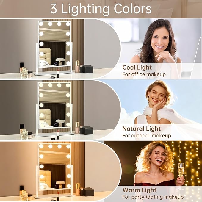 Hollywood Vanity Mirror with Lights, 14" x 19" Lighted Makeup Mirror with 3 Color Lights & Adjustable Brightness, 360° Swivel, Women's LED Mirror for Bedroom College Dorm for Desk