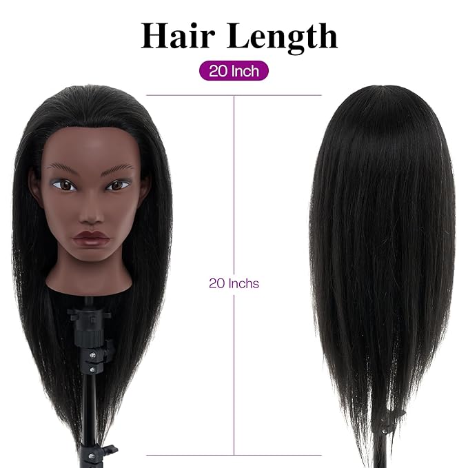 20 Inch Mannequin Head Human Hair with Stand,100% Real Hair Mannequin Head for Braiding,Cosmetology Manikin Doll Head for Styling with Mannequin Head Stand Table Clamp Hair Braiding Set
