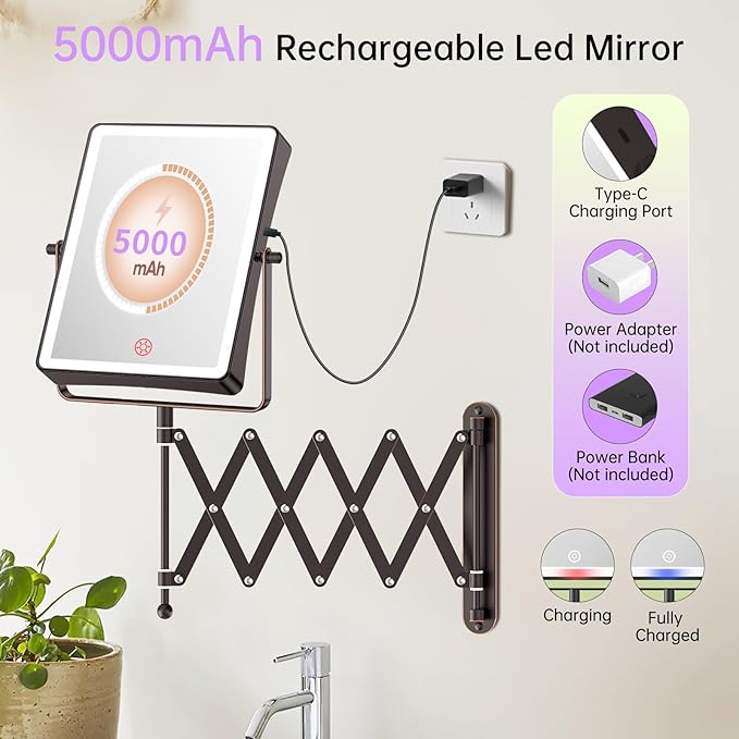 FASCINATE 5000mAh Rechargeable Wall Mounted Makeup Mirror with Lights, 8.7 Inch Double Sided Touch Switch 1X 30X Magnifying Bathroom Mirror, 3 Color Lights Dimmable Extended Arm 360°Rotation (Bronze)