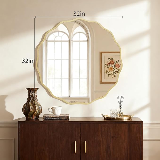 HOMECOOKIN 32 Inch Wavy Round Wall Mirror, Round Wavy Wall Mirror with Aluminum Frame for Bathroom Upgrades, Hotels, Dressing Tables,Farmhouses