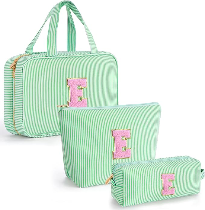 Fystdtote Initial Toiletry Bag for Women - Monogram Cute Makeup Bags Cosmetic Toiletry Pouch Make Up Case for Women Her Friend Friendship Sister Teacher - Green E