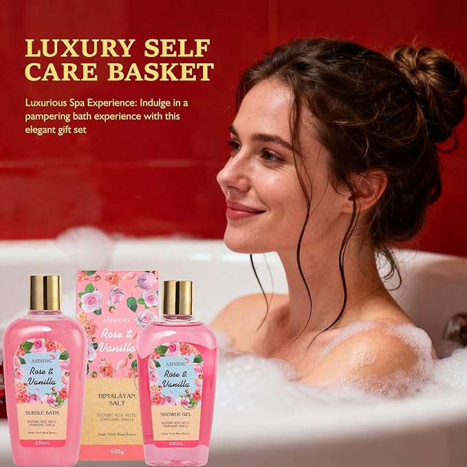 Bath and Body Gift Basket Set Mothers Day, 16 Pcs Luxury Rose & Vanilla Scent Spa Gift Basket Set for Women, Watermelon Body Scrub, Perfect Bath & Body Gift Set, Home Spa Bath Pamper Gifts Teens