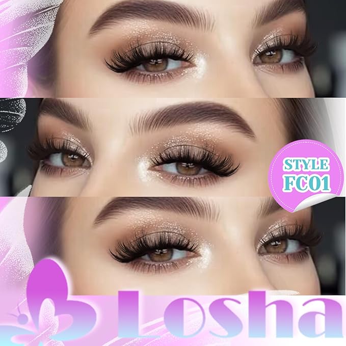 Losha Lashes Wispy False Eyelashes Fluffy Cat Eye Lashes 7 Pairs C Curl Lashes Strips Wet Look 10-17mm Fake Eyelashes with Lash Spikes (FC01)