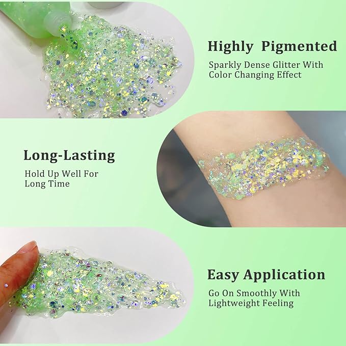 MEICOLY Lime Green Body Glitter,Holographic Chunky Chameleon Face Glitter for Halloween Alien Makeup,Self-Adhesive Color Changing Mermaid Glitter Gel,Glitter for Face Body Hair,Festival Party Cheer