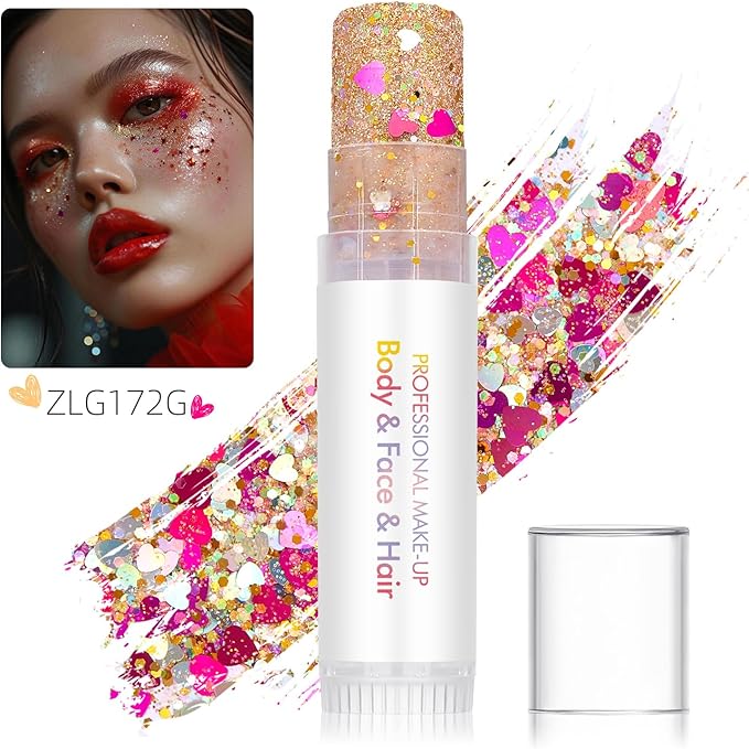 Valentine's Day Body Glitter Stick for Face, Body & Hair - Purple & Gold Chunky Sparkle Glitter, Heart & Star Design Face Gem 2 Pack | Long Lasting Party Makeup for Festival, Rave, Concert & Cosplay