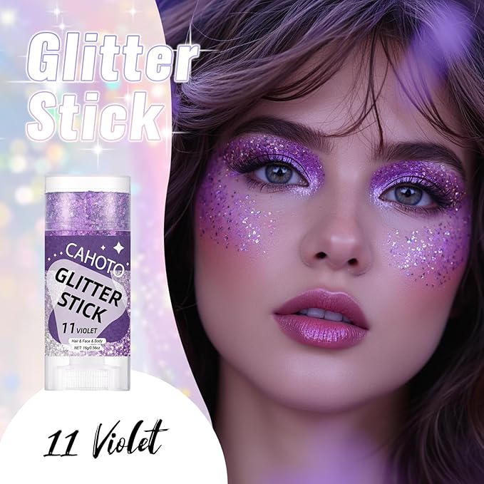 Violet Face Body & Hair Glitter Stick for Singer Concerts Outfit, Purple Shimmer Stick Gel for Women, Sparkling Holographic Chunky Sequins for Halloween Rave Festival Carnival Mermaid, 0.56oz