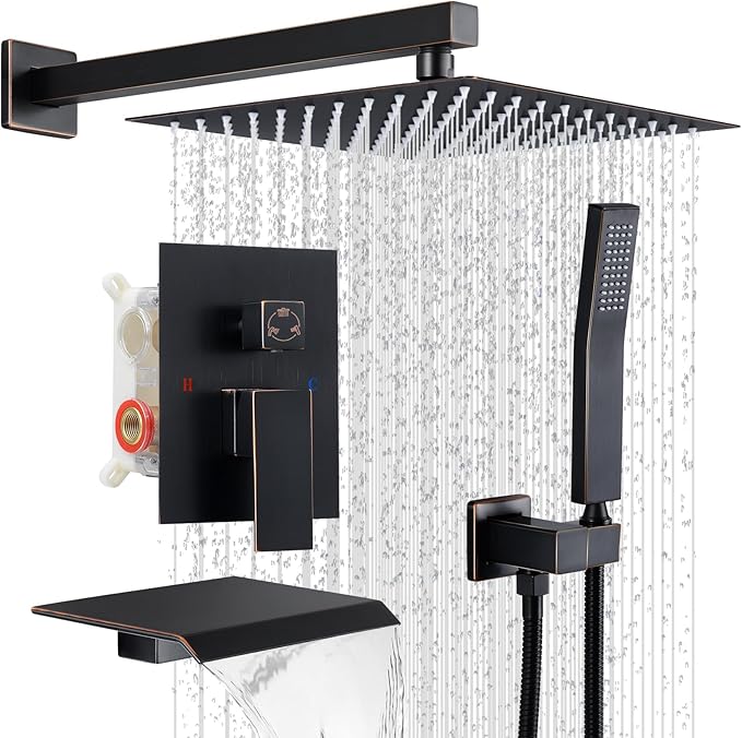 IUERASD Rain Shower Faucet Set Wall Mounted Rainfall with Tub Spout Shower Head System Rough-in Valve Body and Trim Included Oil Rubbed Bronze (10 Inches)