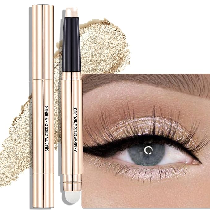 Champagne Shimmer Eyeshadow Stick - Dual-Ended Long-Lasting Cream Eye Shadow for Older Women Crease-Proof Metallic Eyeshadow Pencil, Multi-Use Eye Crayon Highlighter Makeup with Built-in Smudger