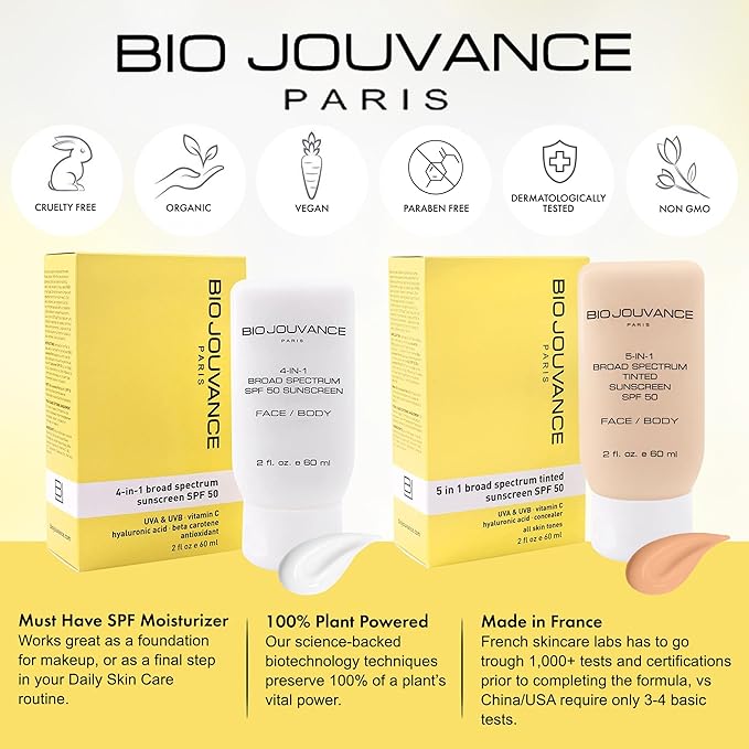BIO JOUVANCE PARIS - 4 In 1 Sunscreen 2oz(60ml) | SPF50 Sunblock + Moisturizer + Anti-Aging + Antioxidant | Face&Body Sensitive Skin | Made in France