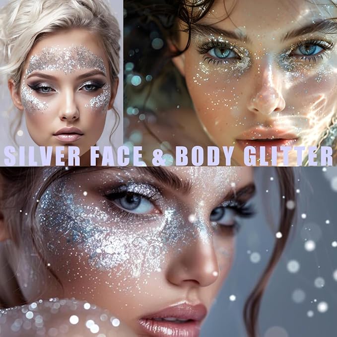 Silver Face Glitter Gel, Mardi Gras Out for Women,Cheer Body Glitter,Carnival Rave Accessories,Music Festival Singer Concerts Shimmer Holographic Sequins Glitter Paint Makeup,50ML