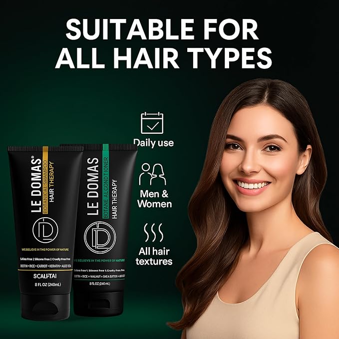 LE DOMAS Botanical Shampoo and Conditioner Set – Sulfate Free Natural Therapy with Biotin, Aloe Vera & Rice - Moisturizing Hair Growth & Repair Formula for Dry, Curly & Color Treated Hair, 8oz Each