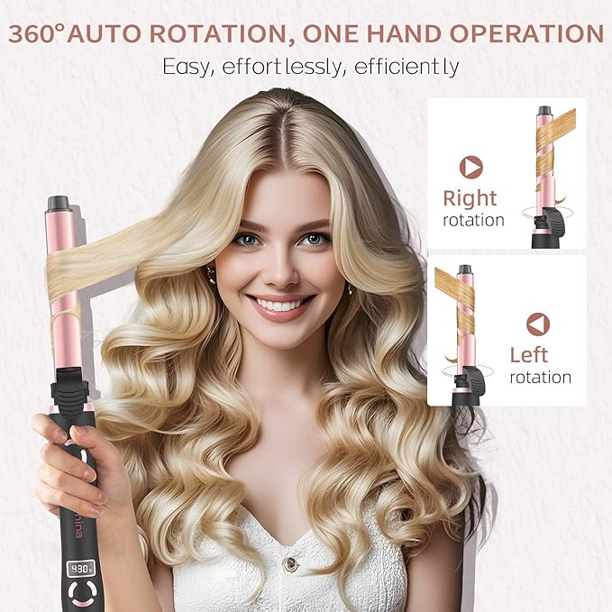 Rotating Curling Iron 1 Inch, Automatic Curling Wand with 12 Temperature & Memory Mode Perfect for Beach Waves, Fast Self Curling Wand, Suit for Medium or Long Hair