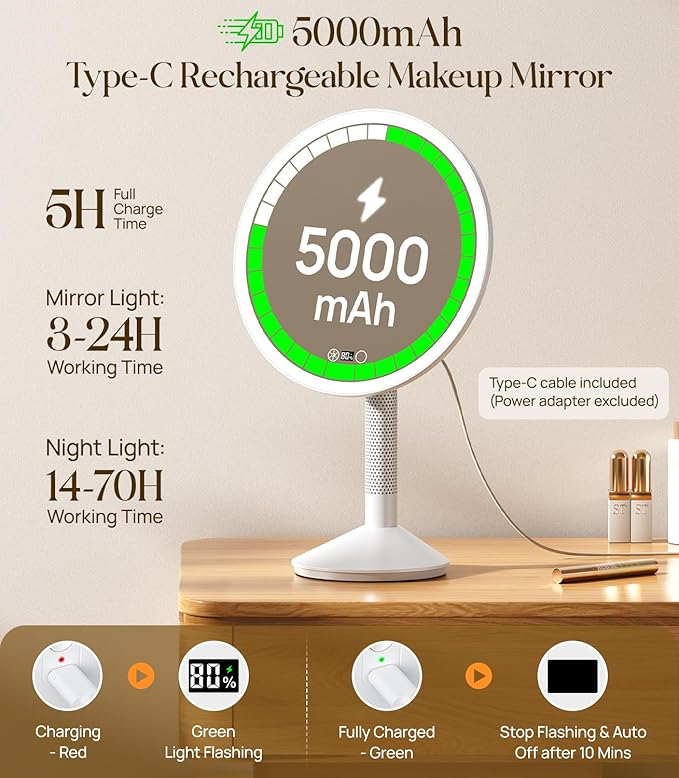Gospire 10.8 Inch 2-in-1 Large Vanity Mirror with Lights & Bedside Table Lamp, Height Adjustable Lighted Makeup Mirror with Magnification 10X, 5000mAh Battery, 3-Color Desk Light Up Mirrors Bathroom