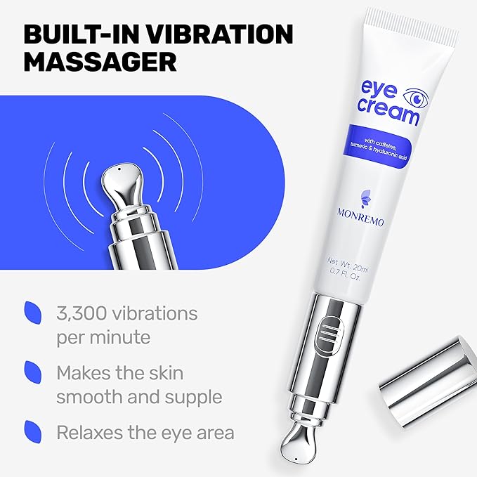 MONREMO Under Eye Cream with Caffeine, Turmeric & Hyaluronic Acid | Vibrating Applicator & Snail Mucin | Anti-Aging Treatment to Reduce Wrinkles, Dark Circles, Puffiness, Bags Intense Hydration 0.7 oz