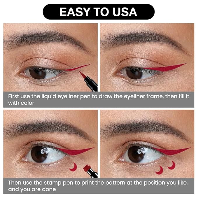 BINGBRUSH Double-head Liquid Star Eyeliner Red Stamp Pencil, Colors Flowers Heart Moon Shapes Face Stamps Makeup Colorful Waterproof Slim Gel Felt Tip High Pigment Liquid Eyeliner (11#Moon&Red)