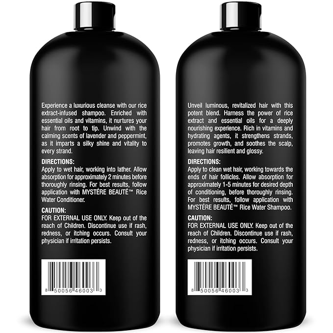 MYSTÉRE BEAUTÉ Rice Water Shampoo and Conditioner Set - Ultra-Nourishing Hair Care Set, Promotes Growth, Revitalizes Shine, and Shields from Damage - Infused with Essential Oils - 16 fl oz Each