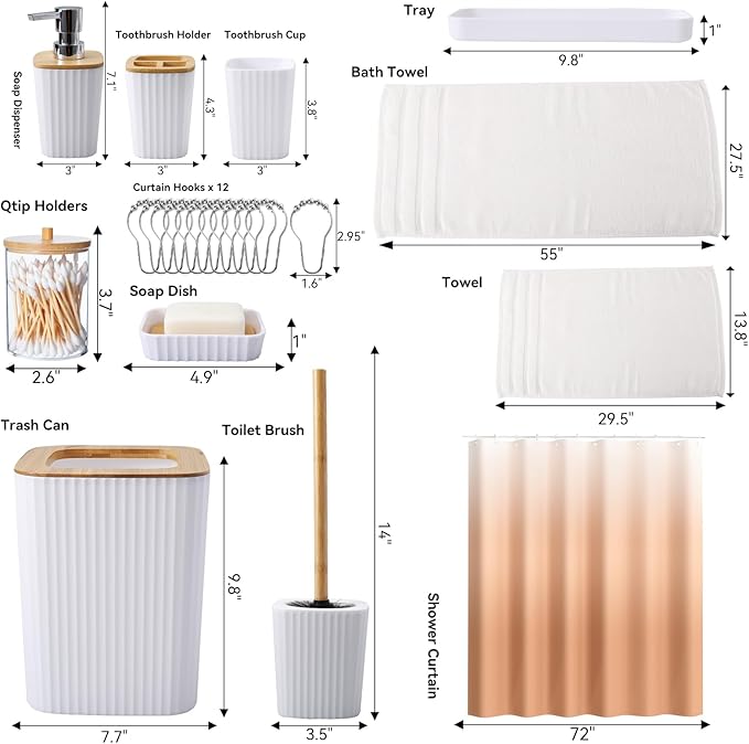 XLHOMO White Bathroom Set with Shower Curtain and Bath Towels, Beige Ombre Waterproof Shower Curtain with Stainless Steel Hooks, White Bathroom Accessories Set for Home Decor