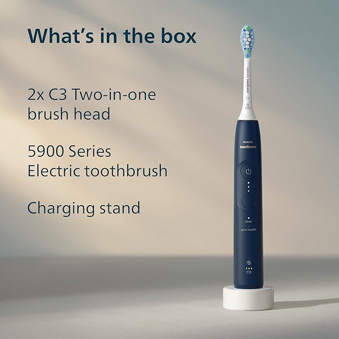 Philips Sonicare 5900 Series Electric Toothbrush - Next-Generation Sonicare Technology, Pressure Sensor, 6 Brushing Settings, SmarTimer, BrushPacer, 21-Day Runtime, Navy Blue, Model HX7133/02
