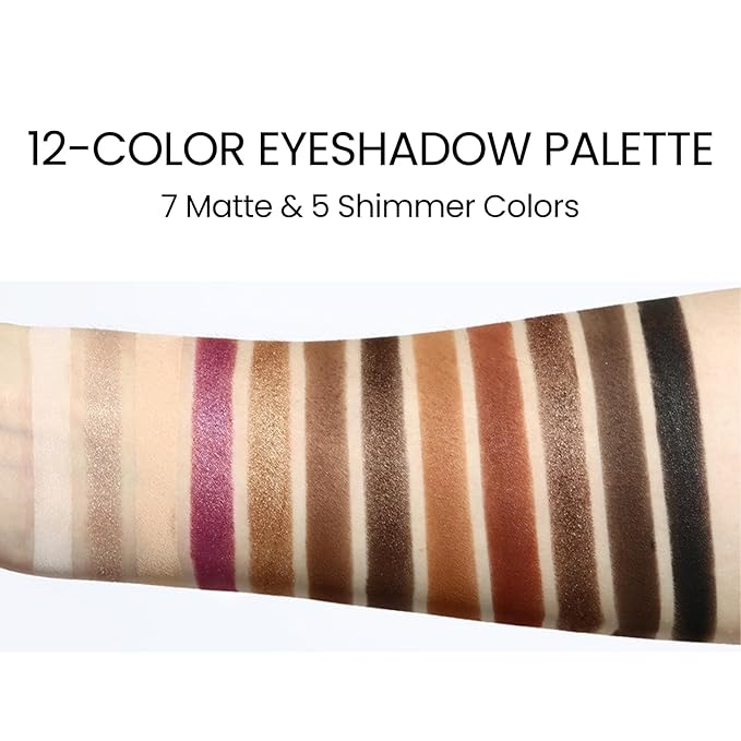 Erinde Brown Black Eyeshadow Palette, 12 Colors Matte Shimmer Beige Champagne Plum Purple Bronzer Brown Black Eye Shadow Palette, Highly Pigmented Long Lasting Waterproof Eyeshadow Pallete, 01