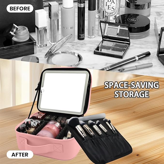 SUILU Travel Makeup Bag with LED Mirror Makeup Case with Light Up Mirror Portable Cosmetic Brush Organizer Bag with Adjustable Dividers for Cosmetics Makeup Brushes Toiletry (Pink)