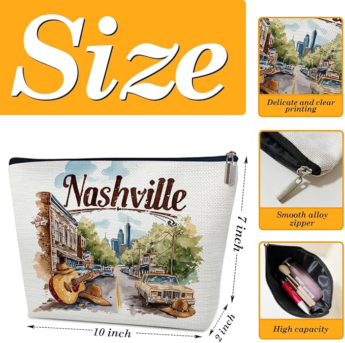 Ythuil Nashville Travelling Gifts Makeup Bag, Watercolor Gift, Nashville Souvenir, Travel Cosmetic Bag for Purse, Trip Favors for Traveller, Travelling Lovers, City Themed Organizer