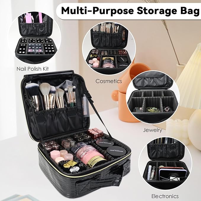 SLUMAZI Travel Makeup Bag Makeup Cosmetic Train Case Organizer Portable Storage Bag with Adjustable Dividers for Cosmetics Makeup Brushes Toiletry Jewelry Black Crocodile Pattern