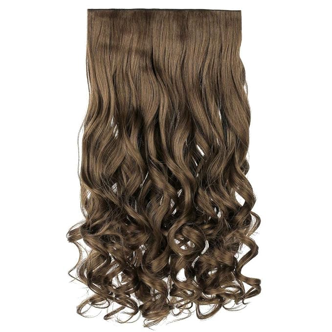 REECHO 24" 1-pack 3/4 Full Head Curly Wave Clips in on Synthetic Hair Extensions HE008 Hair pieces for Women 5 Clips 4.5 Oz Per Piece - Ash Light Brown