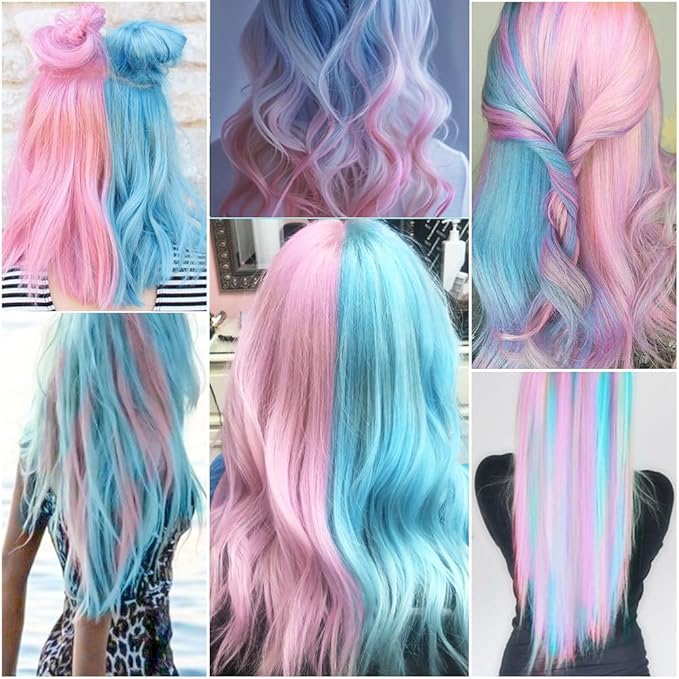 22 Inch Colored Hair Extensions 10 PCS, Colorful Party Highlights Clip in Synthetic Hair Extensions, Sky Blue/Light Pink Hairpieces for Women Party Cosplay Gifts