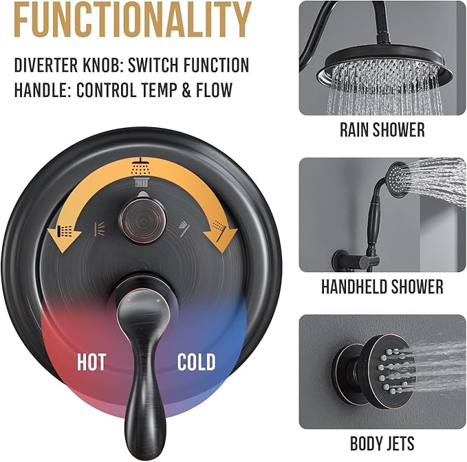 DASAN Antique Shower Faucet Set Complete Rain Shower System in Wall with Body Shower Spray Jets, Oil Rubbed Bronze Shower Fixtures with Rainfall Overhead Shower, Handheld, Valve & Trim Kit, AT249W-ORB