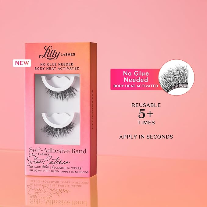 Lilly Lashes Self Adhesive Eyelashes (Half Lashes), No Lash Glue Needed, Body Heat Activated Press on Lashes, Reusable Self Adhesive Eyelashes Up to 5x, Easy to Apply & Remove (DayDreamer)