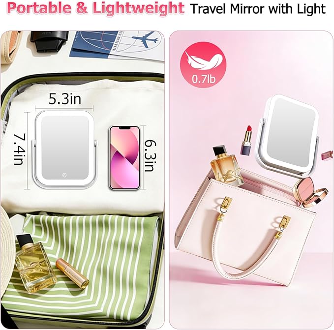 FUNTOUCH 30X/1X Travel Makeup Mirror with Lights, 3000mAh Rechargeable 2-Sided Magnifying Mirror, Portable Vanity Mirror, 3-Color Lighting Dimmable Touch Screen, for Women Gift, White