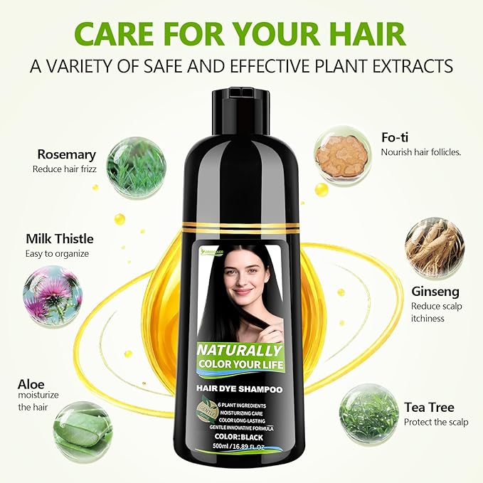 Black Hair Dye Shampoo for Women & Men, 15 Min Gray Coverage, 3 in 1 Semi-Permanent Color with Natural Herbal Ingredients