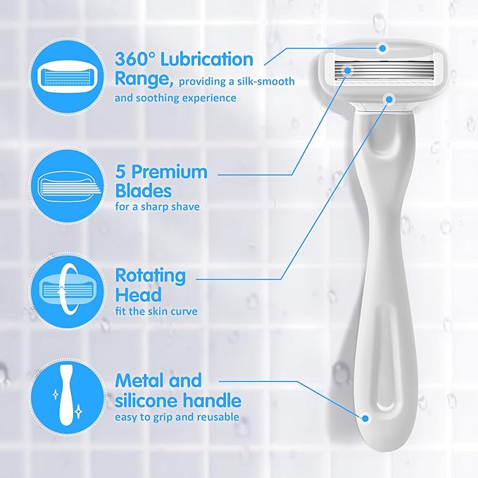 Razors for Women Include 1 Non-Slip Metal Handle and 7 Blade Refills, 5 Premium Blades Women's Razors for Shaving with 360° Lubrication Reduces Irritation, Silver