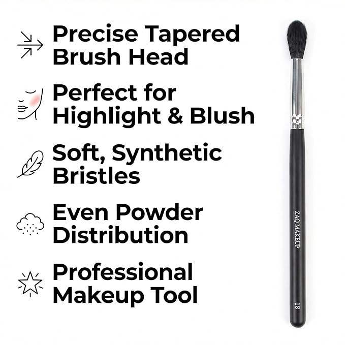 ZAQ TAPERED HIGHLIGHT/BLEANDING BRUSH For Blush, Highlighter, Loose, Or Pressed Powder, Soft, Synthetic Bristles, Precise Makeup Application