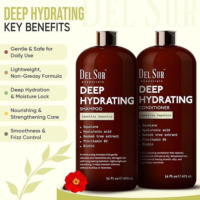 DEL SUR Hydrating Shampoo and Conditioner Set | 16 fl oz Each | with Camellia Japonica, Squalane, Hyaluronic Acid, Baobab Extract & Biotin | Deep Moisture for Dry, Damaged Hair